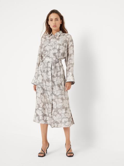 Brunello Cucinelli Silk ginkgo print pongée shirt dress with belt and shiny cuff details