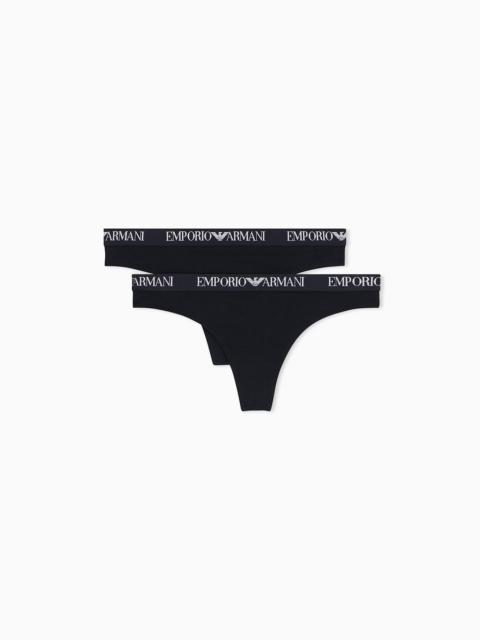 EMPORIO ARMANI TWO-PACK OF THONGS IN COTTON JERSEY WITH LOGO WAISTBAND
