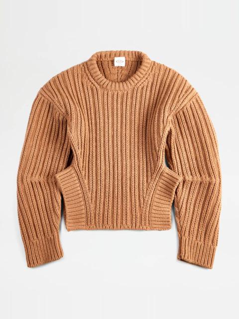 Tod's CASHMERE BLEND ROUND NECK JUMPER - BROWN