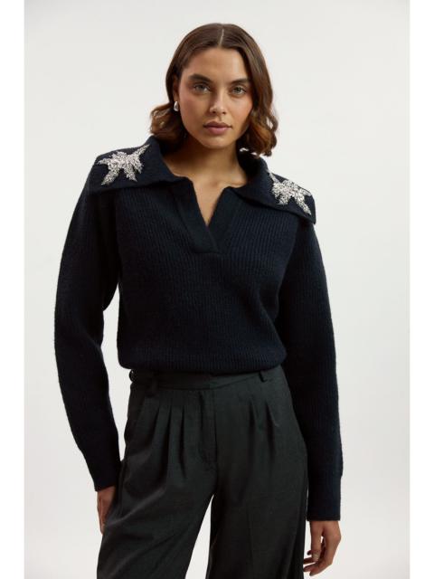 KAREN MILLEN Embellished Cosy V Neck Collar Knit Jumper