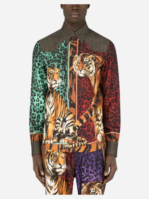 Dolce & Gabbana Silk twill and denim shirt with tiger print