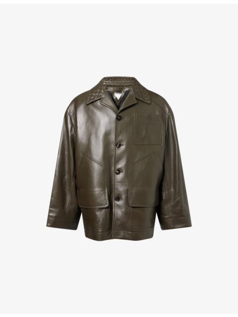 Bottega Veneta Woven-Collar Patch-Pocket Leather Jacket