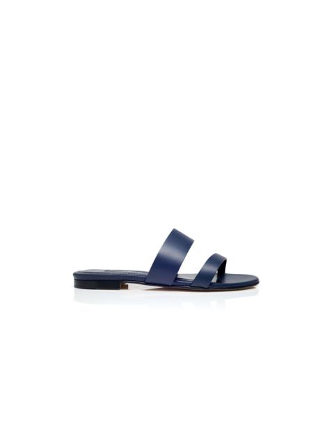 Manolo Blahnik Navy Blue Calf Leather Flat Sandals