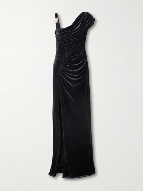 VERSACE Embellished Ruched Stretch-velvet Gown