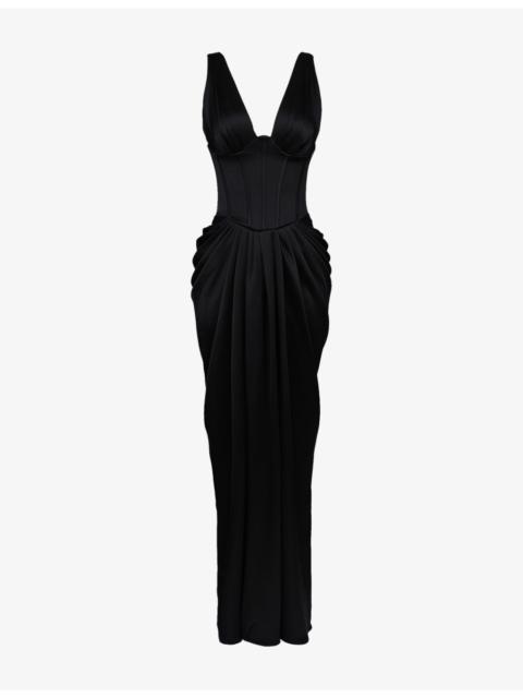 House of CB Angeline Hourglass Plunge-Neck Satin Maxi Dress