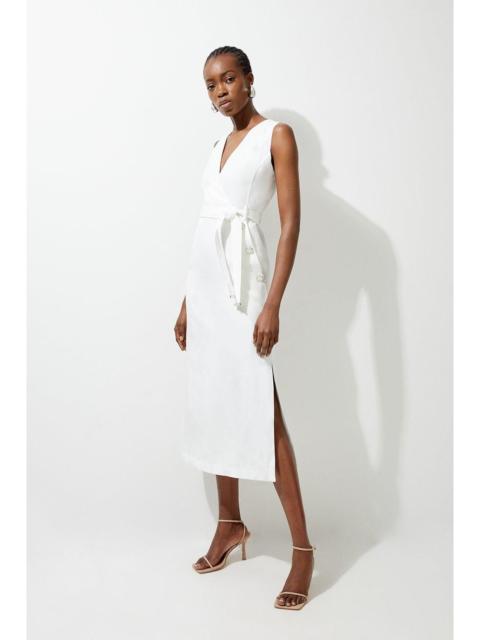 KAREN MILLEN Premium Linen Tailored Button Detail Belted Midi Dress