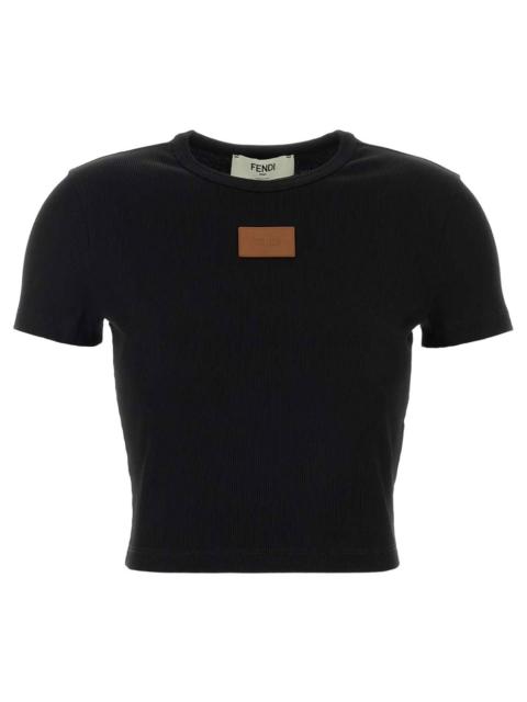 FENDI RIBBED LEA TOP WITH LOGO PATCH