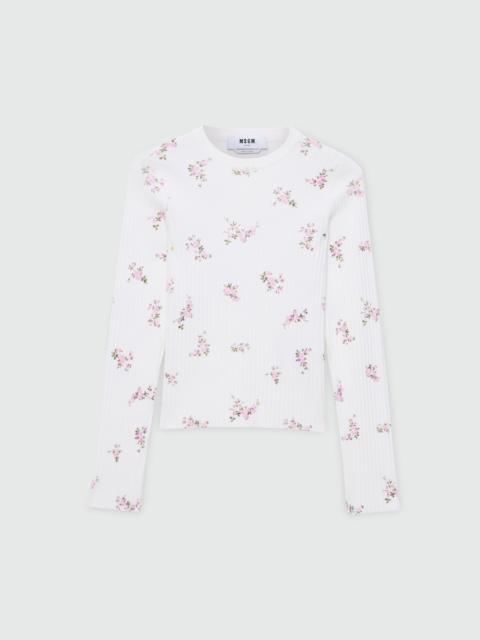 MSGM White ribbed techno-viscose knit with floral print