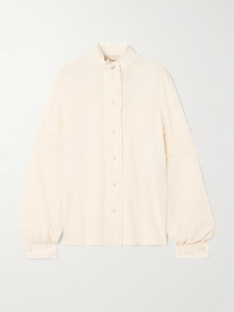 Valentino Lace-trimmed silk crepe de chine blouse Cream