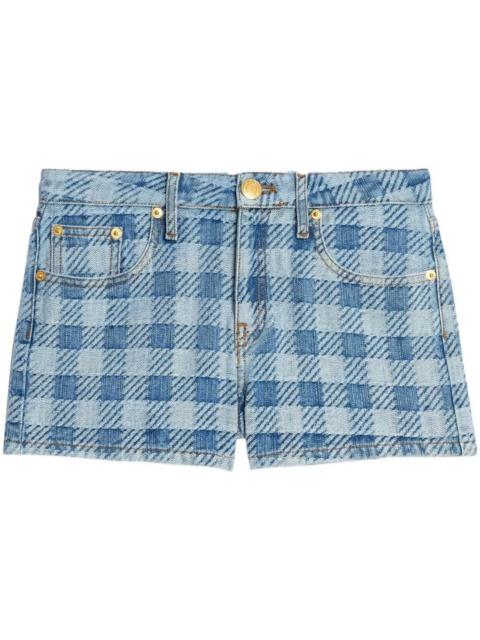 Blue Checked Denim Shorts
