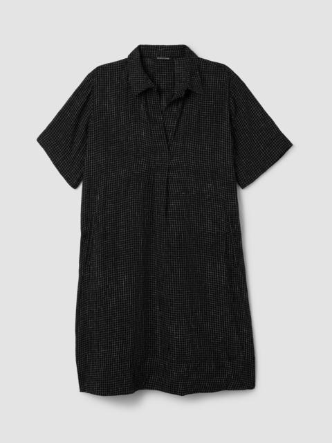 EILEEN FISHER Puckered Organic Linen Grid Classic Collar Dress