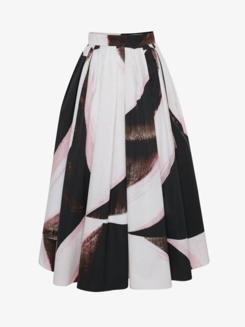 Women's Graphic Brushstroke Gathered Midi Skirt in Black/ivory