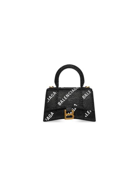 BALENCIAGA Women's Hourglass Xs Handbag With Chain And Allover Logo Rhinestones  in Black