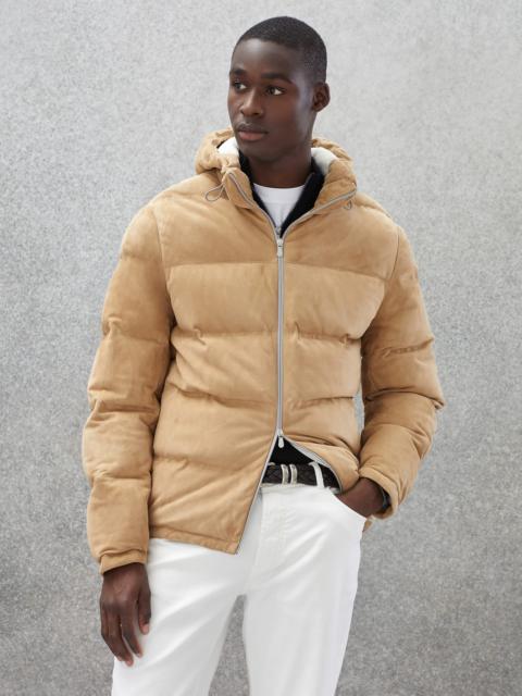 Brunello Cucinelli Suede hooded down jacket with heat bonded seams