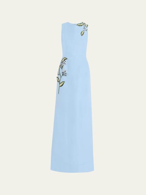 Oscar de la Renta Sleeveless Porcelain Flowers Embroidered Faille Gown