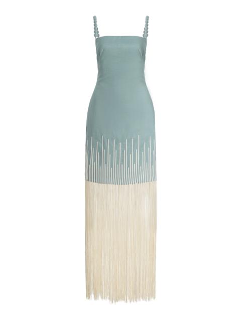 ANDRES OTALORA Exclusive Mar Caribe Fringed Linen Maxi Dress light blue