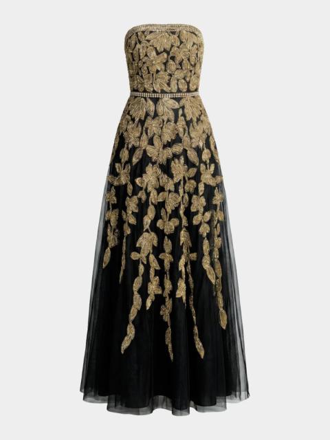 MAC DUGGAL Floral Embellished Mesh Strapless A-Line Gown