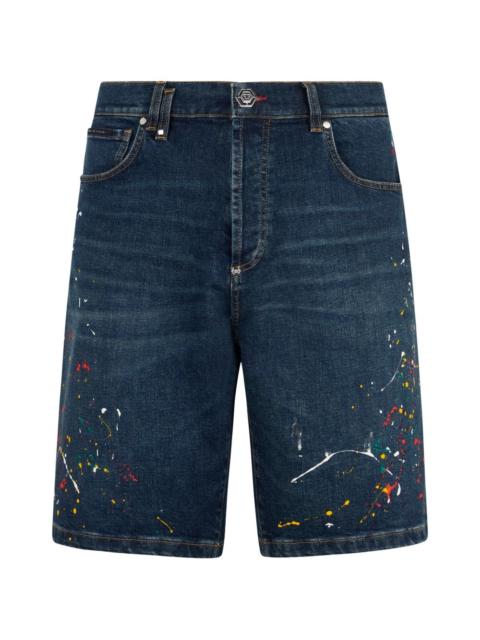 PHILIPP PLEIN paint-splatter-effect denim shorts