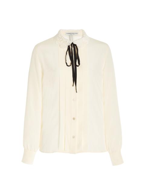 Alessandra Rich Macramé-Trimmed Pleated Silk Shirt ivory