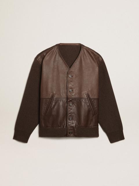 Golden Goose Chocolate-colored leather and knit V-neck cardigan