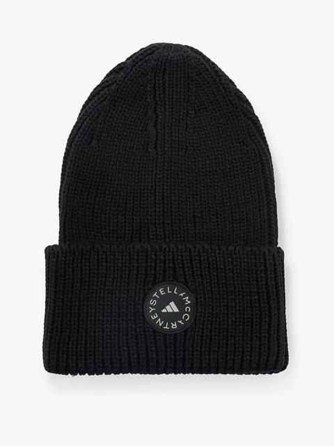 Round-crown brand-patch  cotton and recycled-polyester-blend beanie