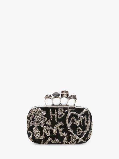 Alexander McQueen Skull Four Ring Clutch With Chain in Black