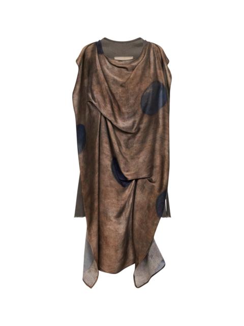 UMA WANG Brown stretch linen blend Taylor asymmetric top with printed panel