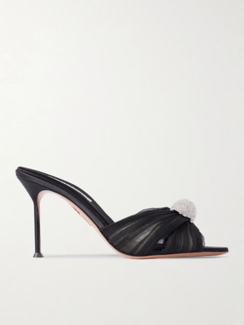 AQUAZZURA Mystery 85 crystal-embellished leather-trimmed chiffon mules Black