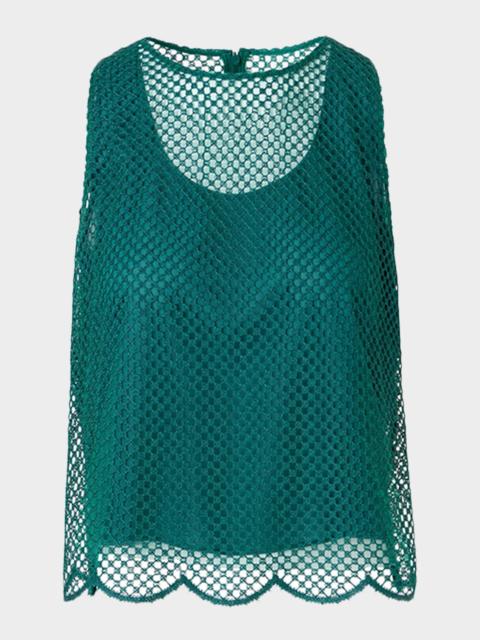 AKRIS Grid Embroidered Scalloped Sleeveless Blouse