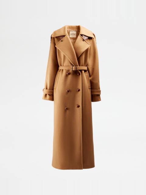 Tod's TRENCH COAT IN WOOL WITH LEATHER INSERTS - BEIGE