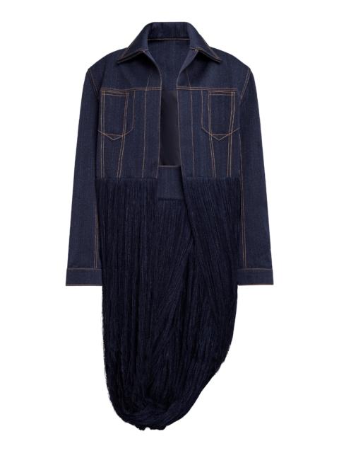 Fringed Yarn Knit Wool-Denim Twill Jacket dark wash