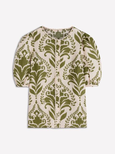 BODEN Leah Short Sleeve Linen Top-Green, Decorative Lattice