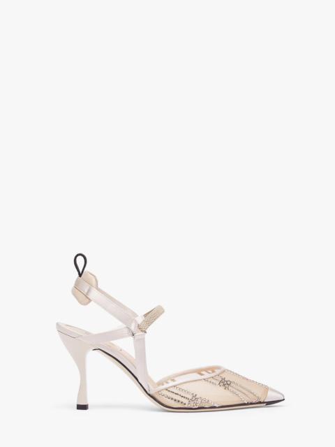 FENDI Pink mesh high-heeled slingbacks with rhinestone embroidery