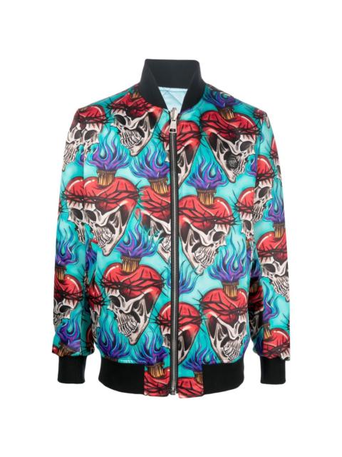 tattoo-motif embroidered bomber jacket