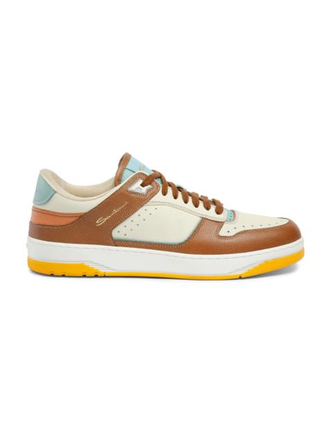 Santoni Men's white, brown and light brown Saffiano leather Sneak-Air sneaker