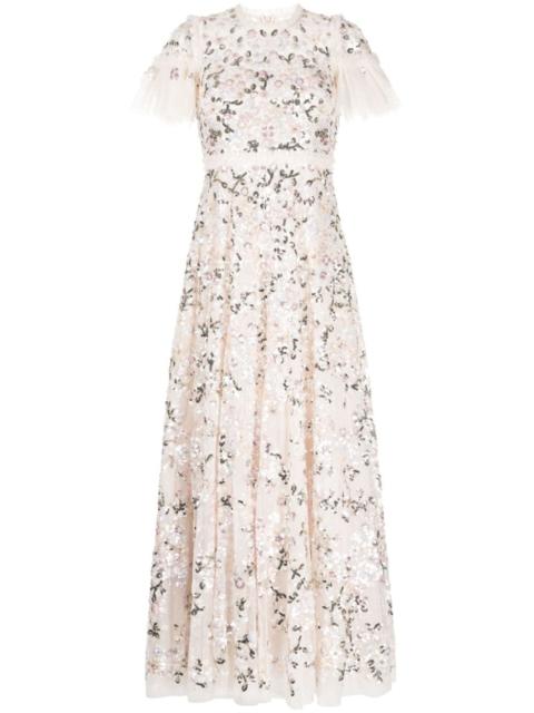 Needle & Thread floral-embroidered short-sleeve gown