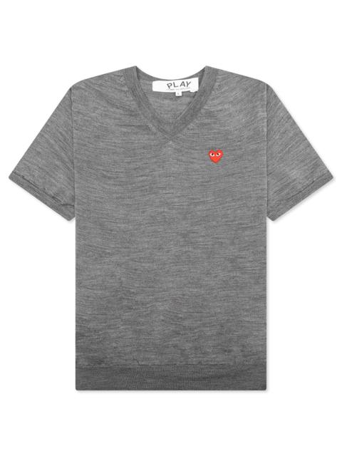 Comme des Garçons PLAY RED EMBLEM S/S V NECK SWEATER - GREY