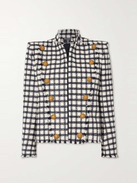 Button-embellished checked metallic wool-blend tweed jacket