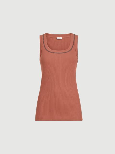 Brunello Cucinelli Stretch cotton ribbed jersey top with shiny trim