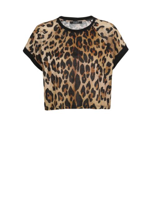 Cropped linen T-shirt with leopard print