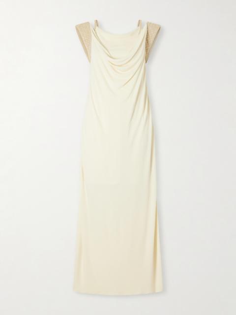 Bottega Veneta Intrecciato Draped Leather-trimmed Jersey Maxi Dress