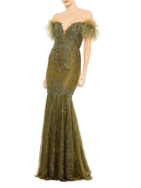 MAC DUGGAL Women's Off-The-Shoulder Feather Embellished Mermaid Gown - Olive