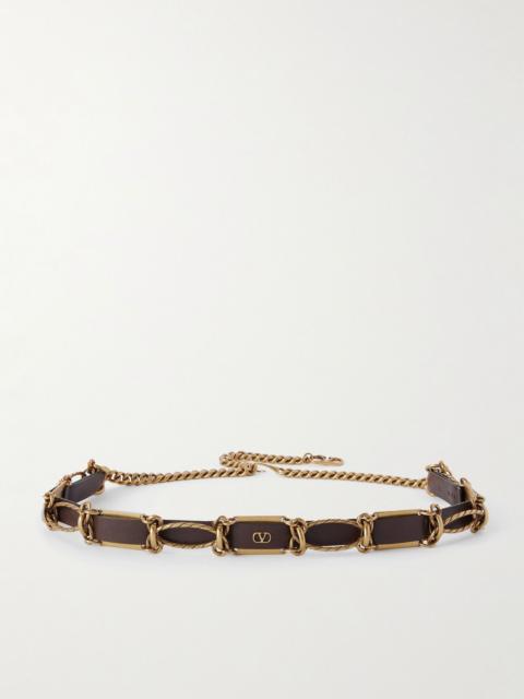 VLogo leather-trimmed gold-tone belt Dark brown