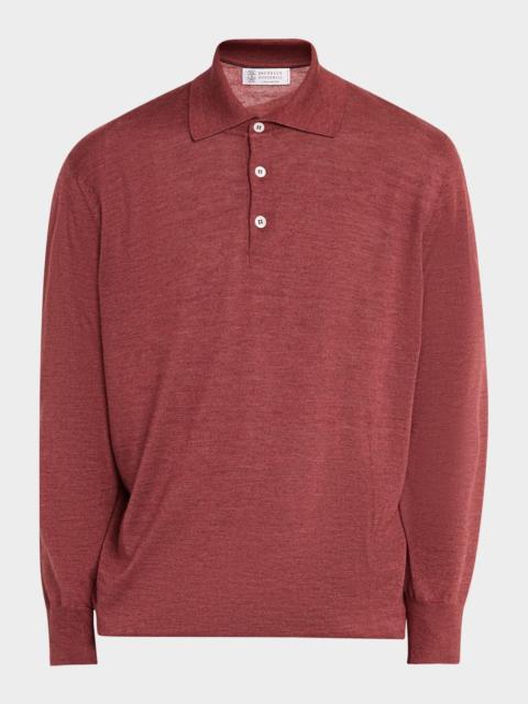 Brunello Cucinelli Men's Melange Cashmere-Blend Polo Sweater
