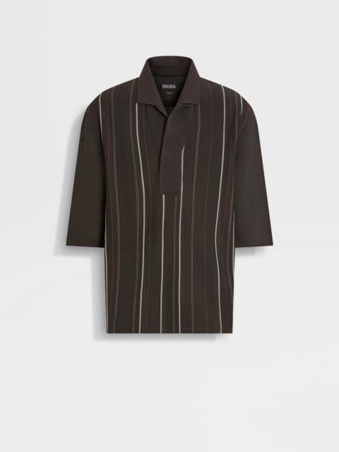 ZEGNA DARK BROWN LIGHT BEIGE AND GREEN SILK POLO SHIRT