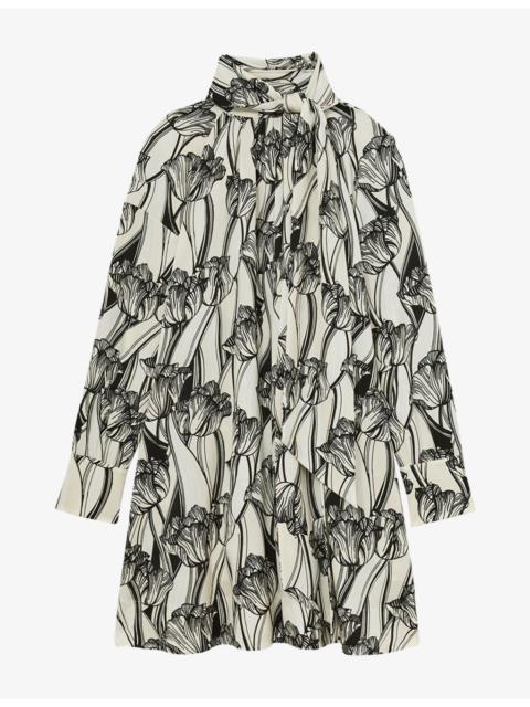 REISS Alwen Tie-Neck Floral-Print Woven Mini Dress