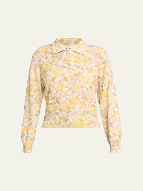 Chloé Floral-Print Wool Knit Polo Sweater