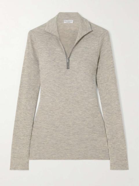 Bead-embellished ribbed wool and cashmere-blend half-zip sweater