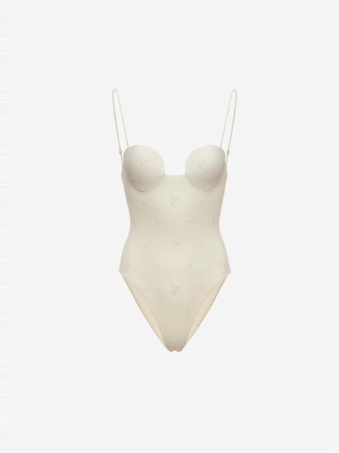 MAGDA BUTRYM Retro bustier swimsuit in cream with embroidered roses