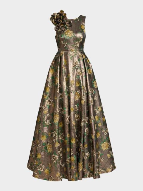 MAC DUGGAL Pleated Metallic Floral Brocade Gown